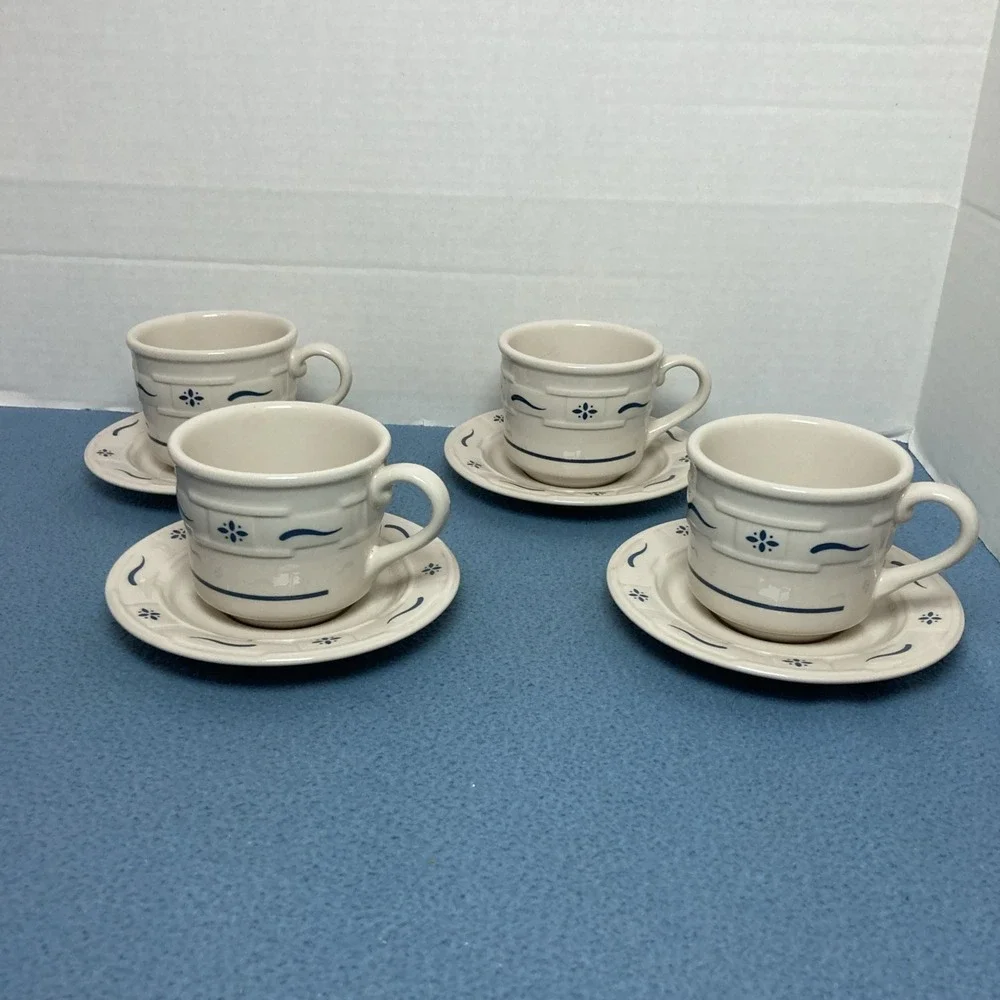 Longaberger Pottery Woven Traditions Blue Coffee/Tea Cup & Saucer - Set of 4